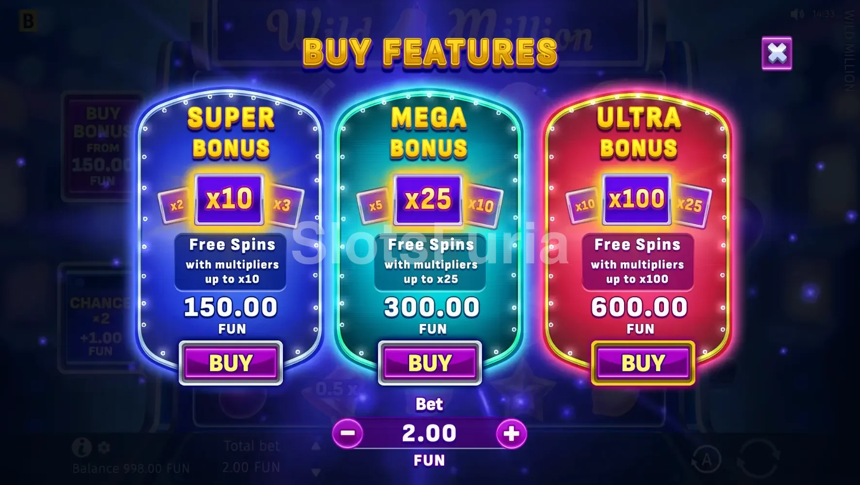 Opción de compra de bonus en Wild Million de BGaming