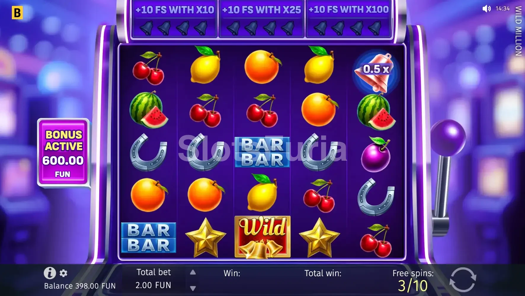 Ronda de giros gratuitos de Wild Million con multiplicador activo