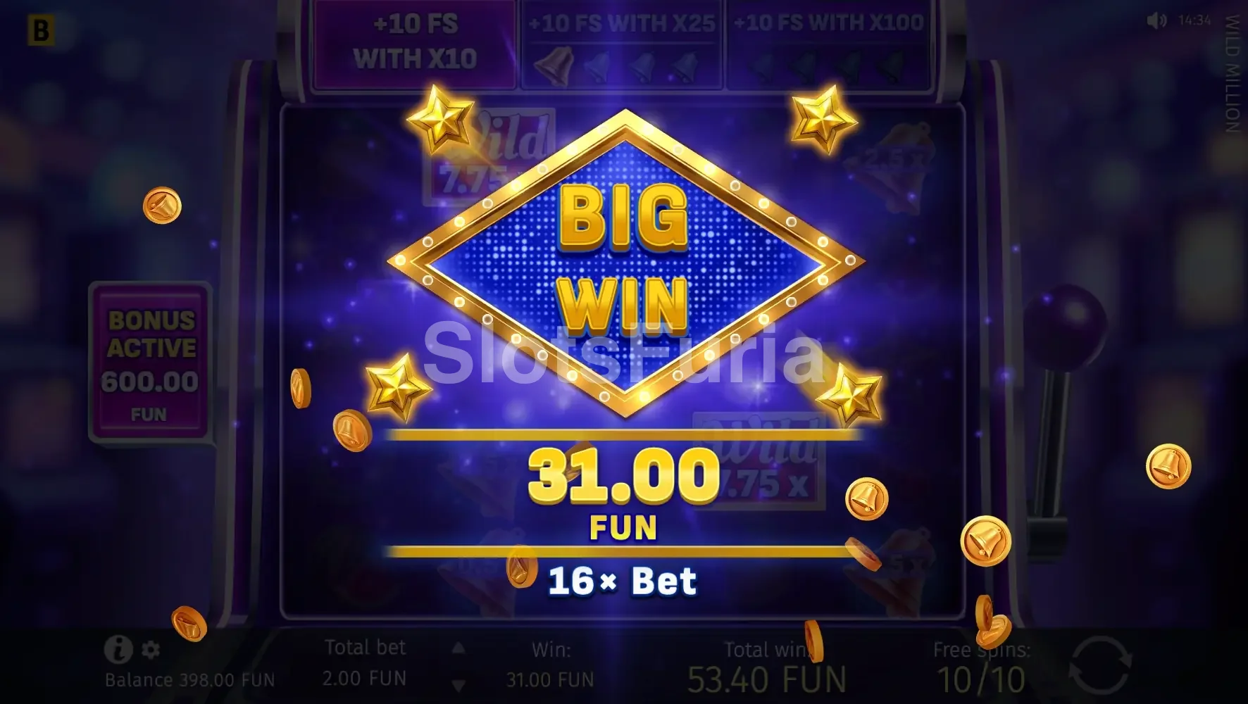 Gran victoria en Wild Million con multiplicador máximo activado