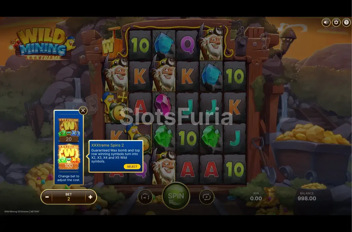 Pantalla de compra de bono en Wild Mining XXXtreme de NetEnt