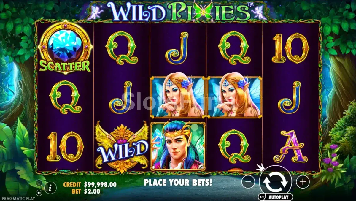 Pantalla principal del juego Wild Pixies con los cinco reels activos