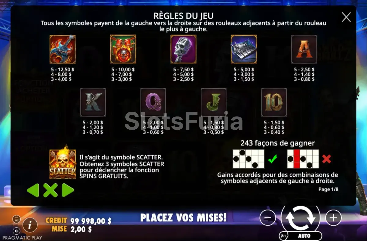 Tabla de pagos completa de Wild Skullz mostrando los símbolos y sus valores