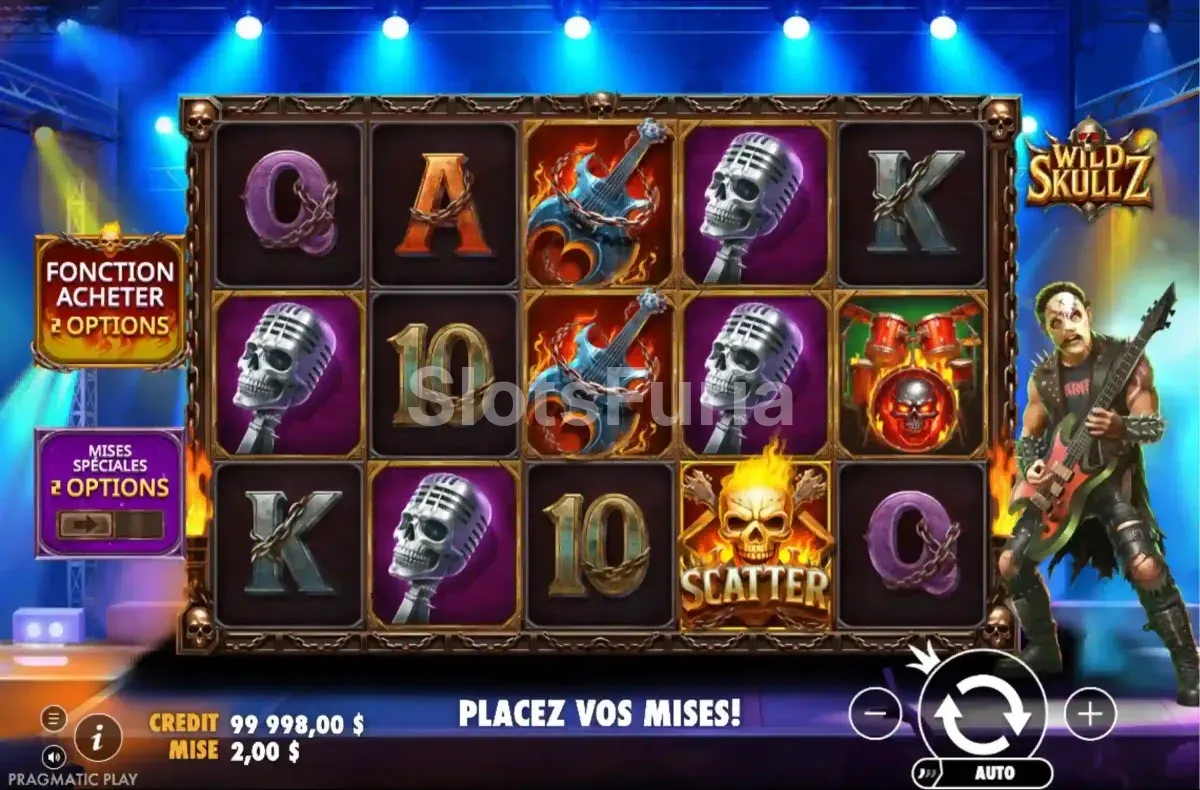 Pantalla principal del juego base de Wild Skullz con sus cinco rodillos