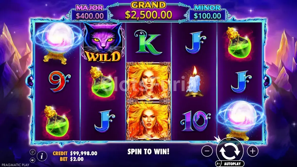 Pantalla principal del juego Wild Spells con sus cinco rouleaux activos