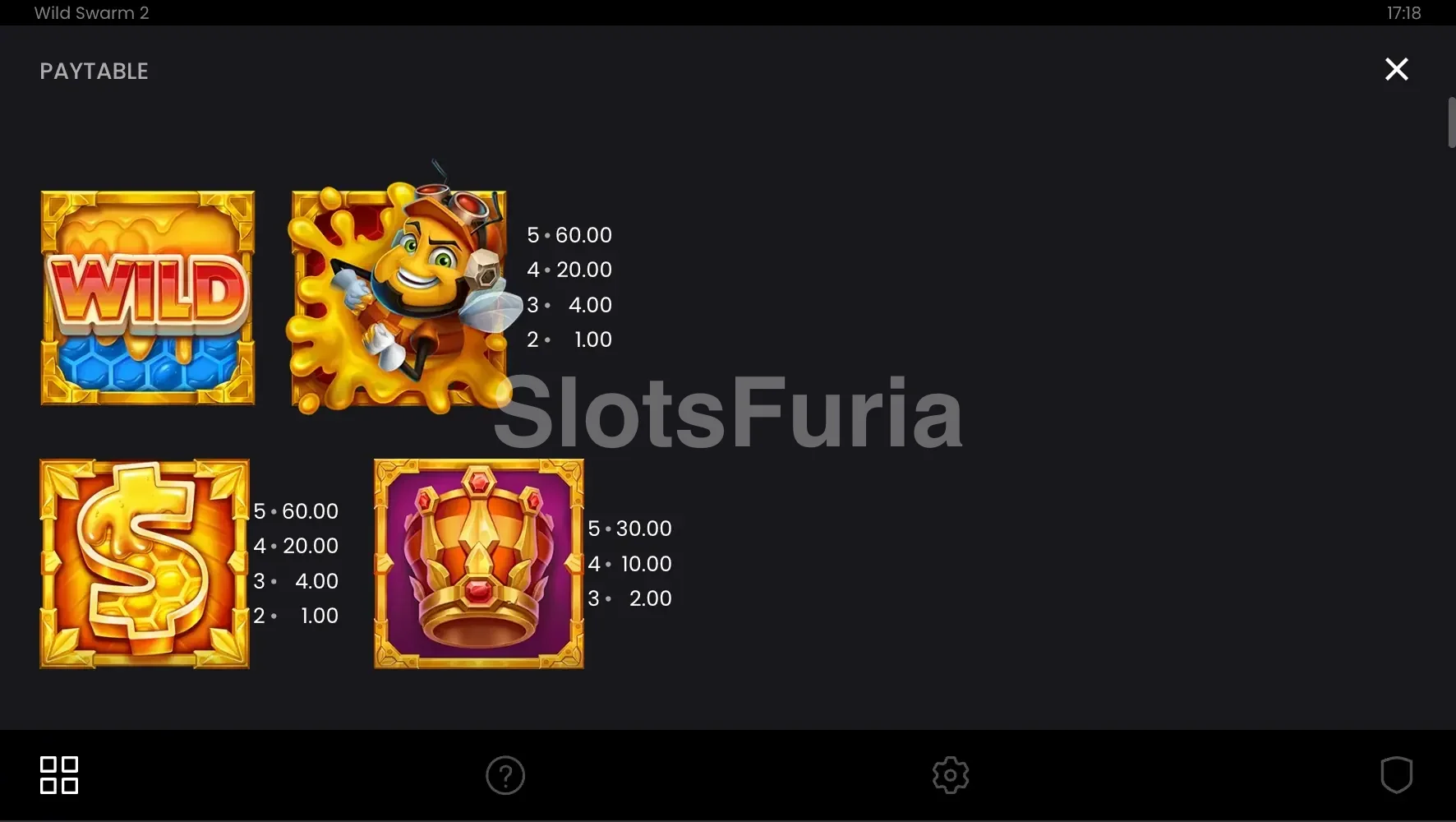 Tabla de pagos de Wild Swarm 2 con todos los símbolos y sus valores
