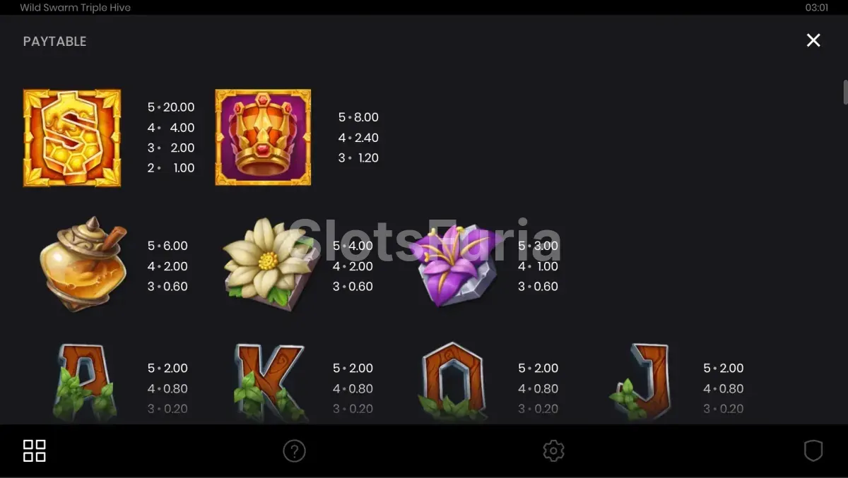 Tabla de pagos de Wild Swarm Triple Hive con todos los símbolos y multiplicadores