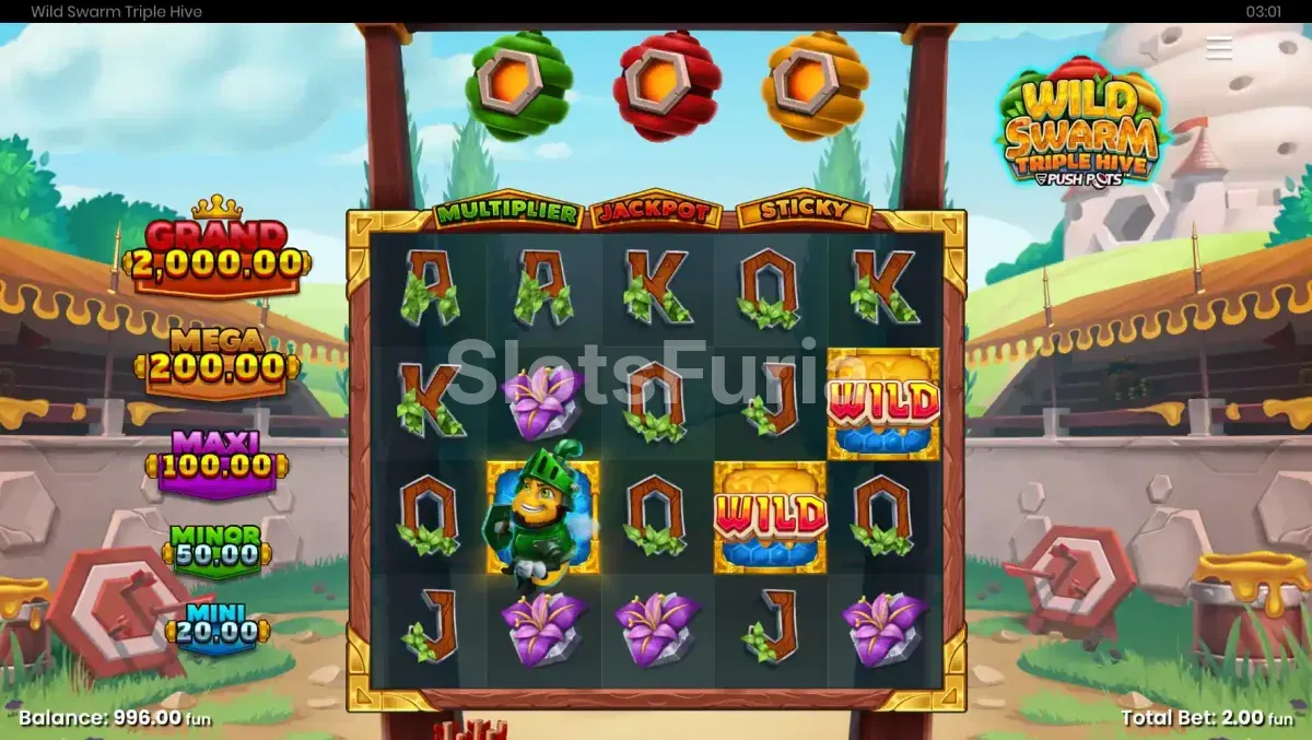 Wild Swarm Triple Hive en acción mostrando los Sticky Wilds en los rodillos