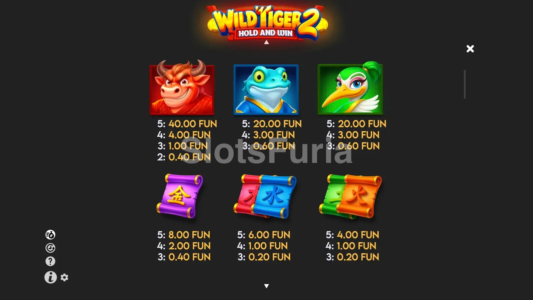 Tabla de pagos y símbolos de Wild Tiger 2 de BGaming
