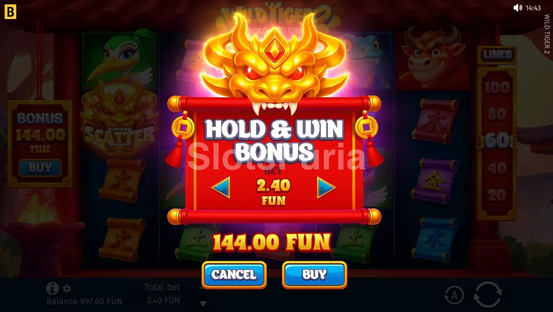 Opción de compra de bono disponible en Wild Tiger 2