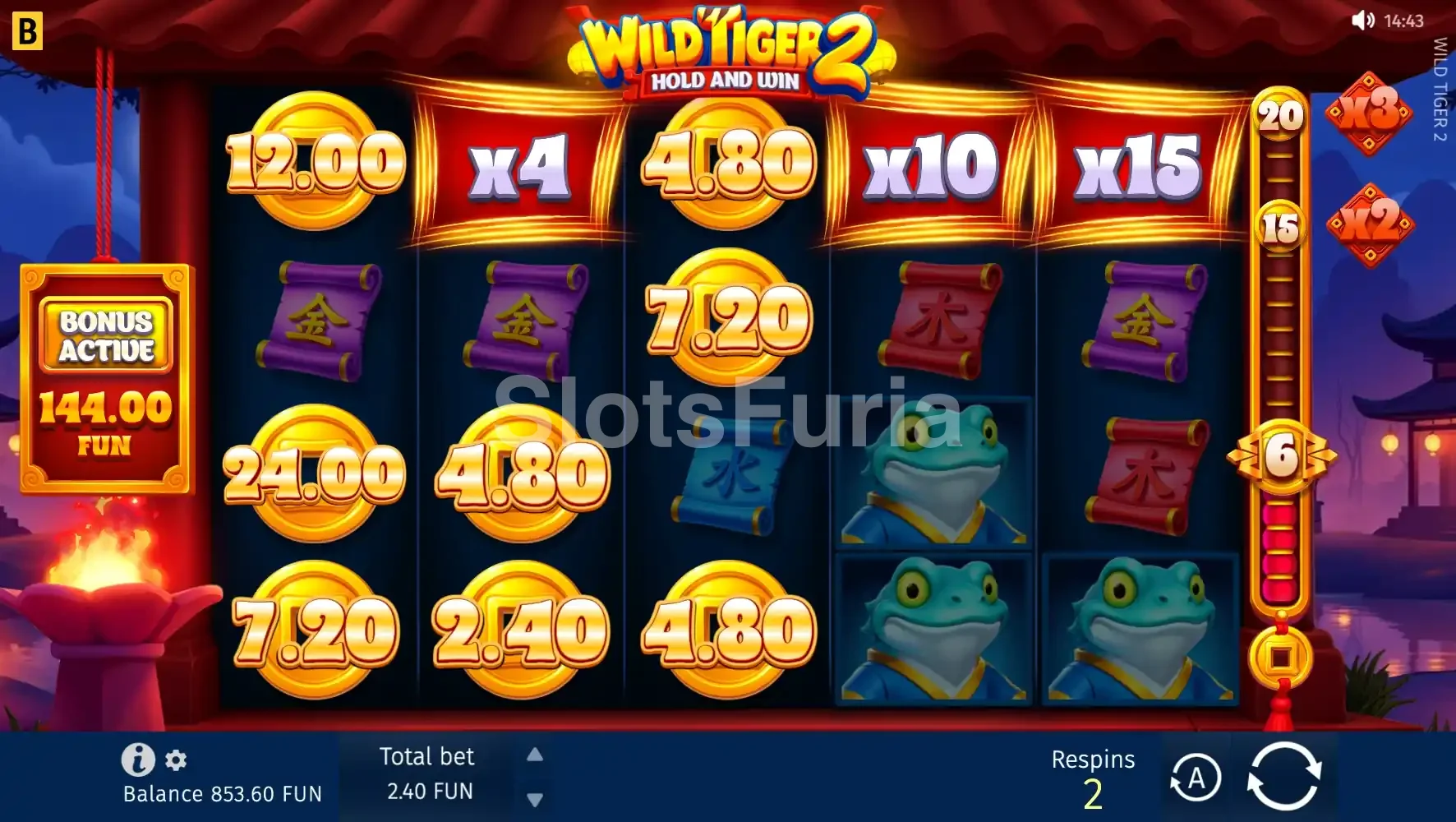 Ronda de giros del bonus Hold & Win en Wild Tiger 2