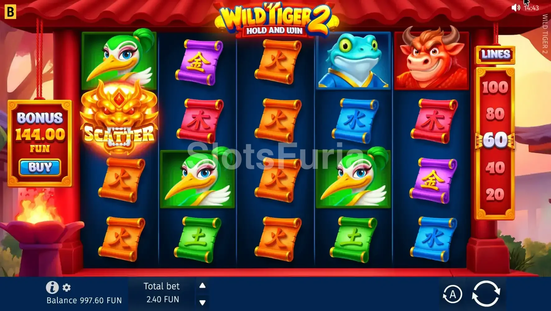 Pantalla principal de Wild Tiger 2 con los cinco rodillos activos