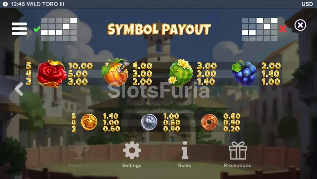 Tabla de pagos y símbolos de Wild Toro 3