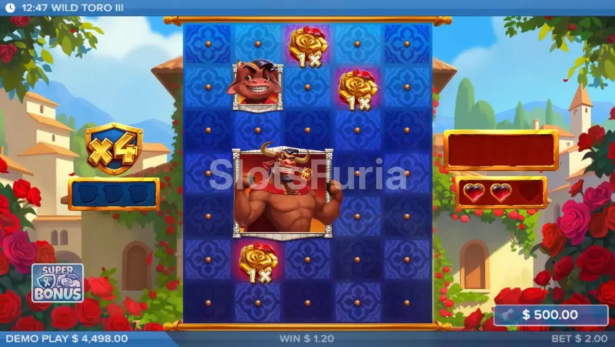 Pantalla de giros especiales y funciones bonus de Wild Toro 3