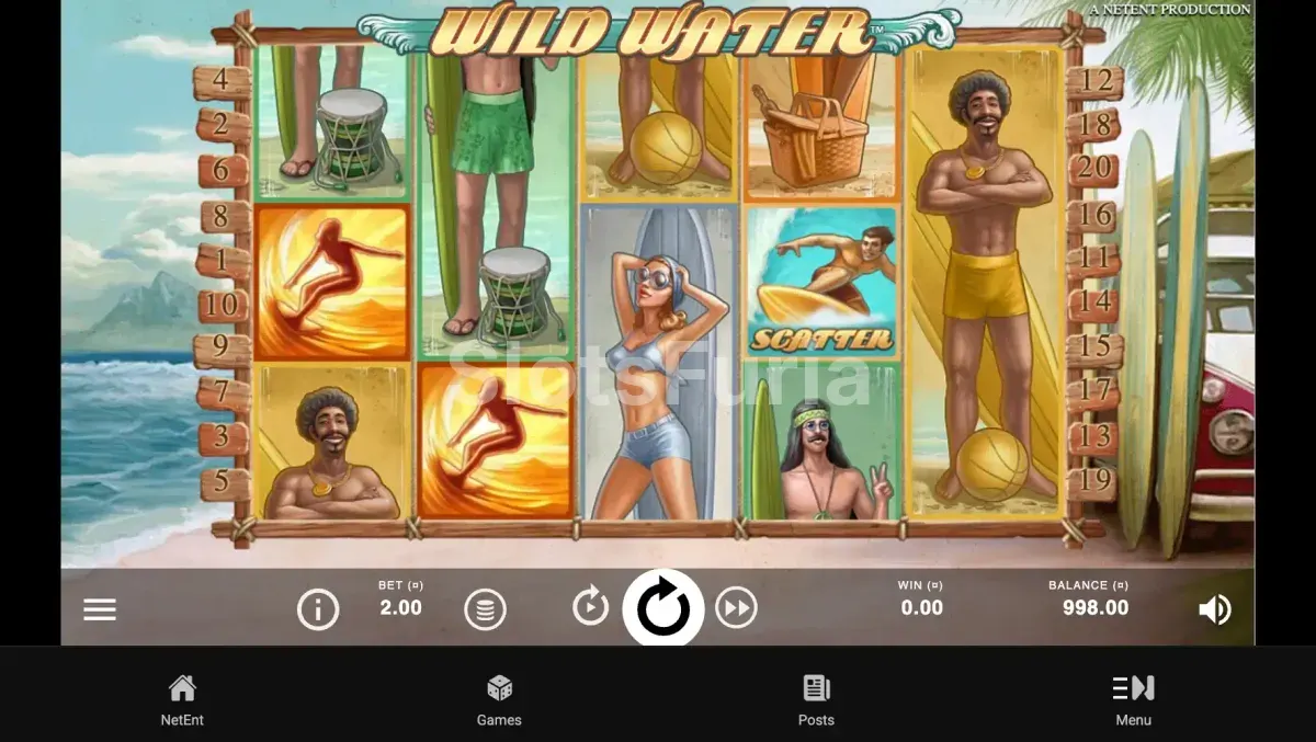 Pantalla principal de Wild Water con sus rodillos y tabla de surf
