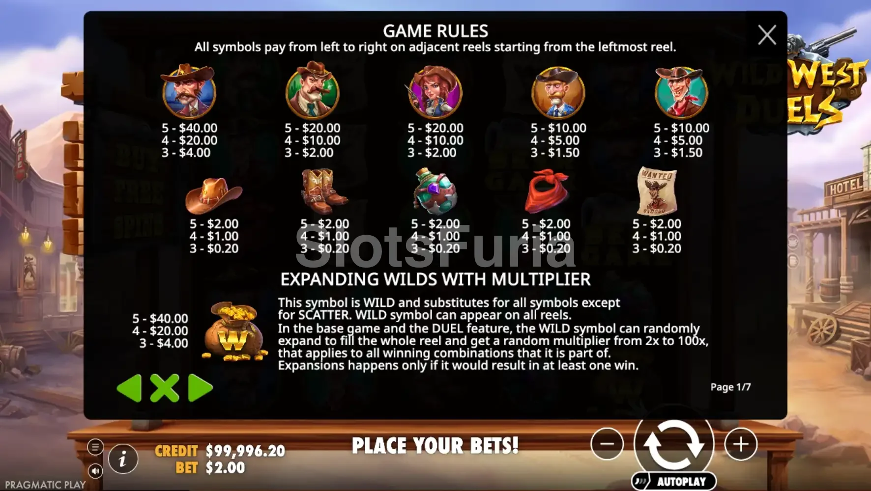 Tabla de pagos detallada de Wild West Duels