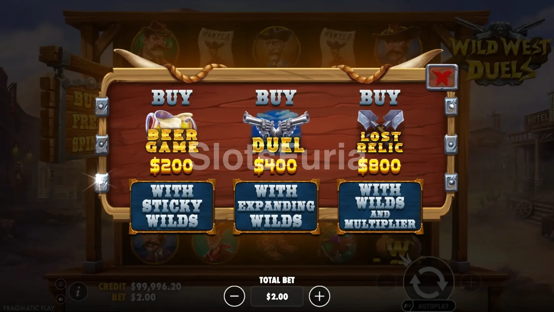 Pantalla de compra de bono en Wild West Duels de Pragmatic Play