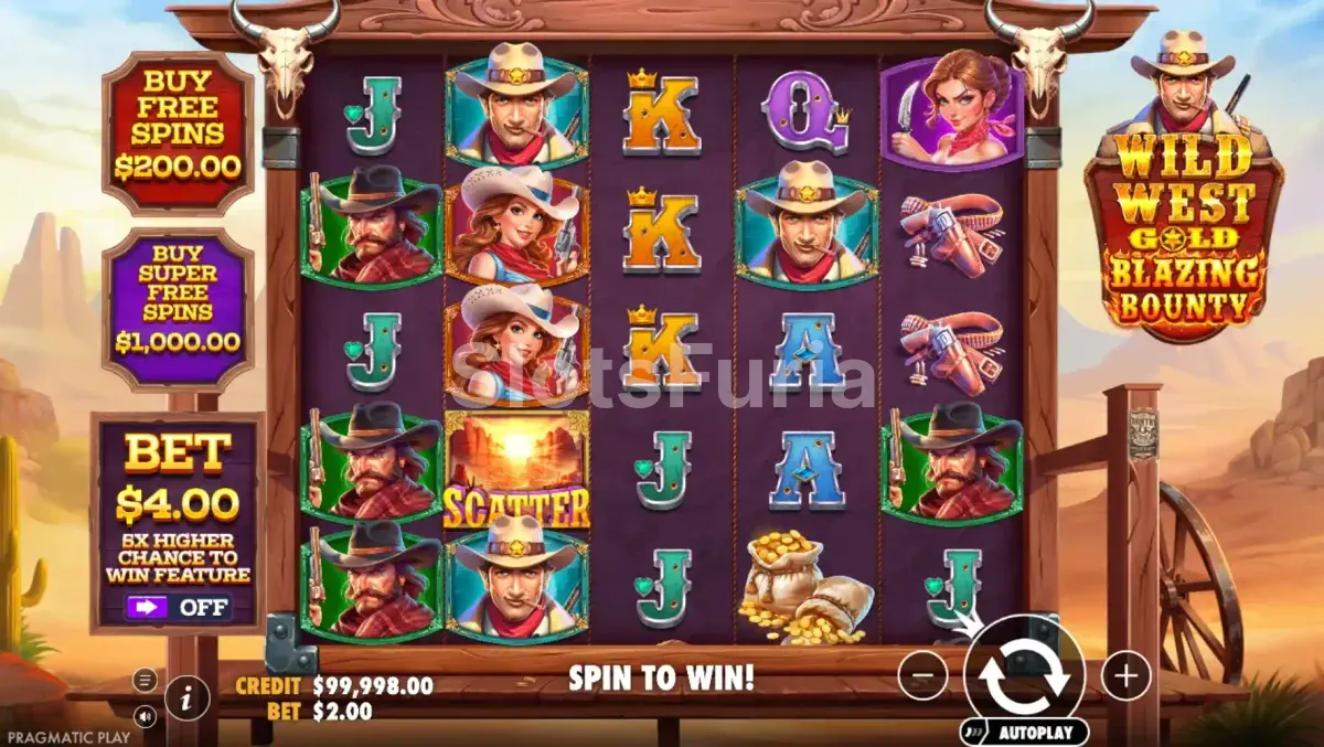 Pantalla principal del juego base de Wild West Gold Blazing Bounty
