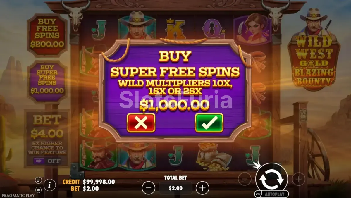 Menú de compra de bonus en Wild West Gold Blazing Bounty