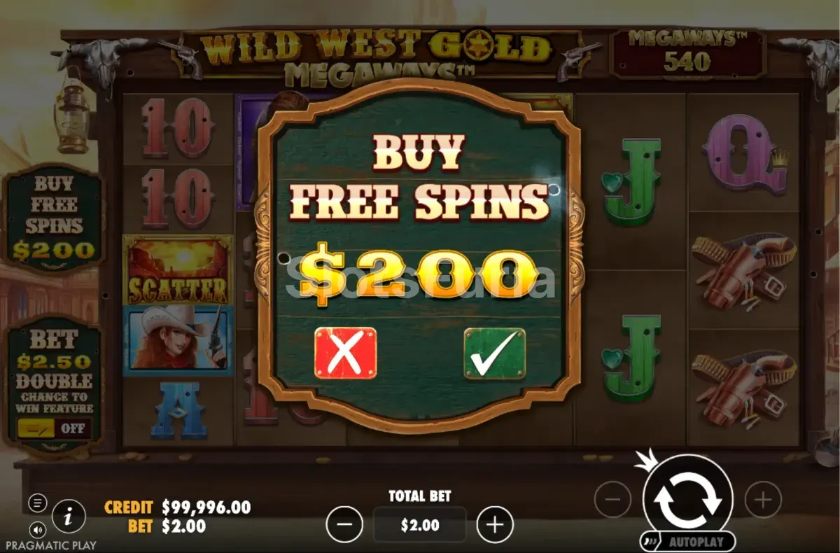 Pantalla de compra de bonus en Wild West Gold Megaways