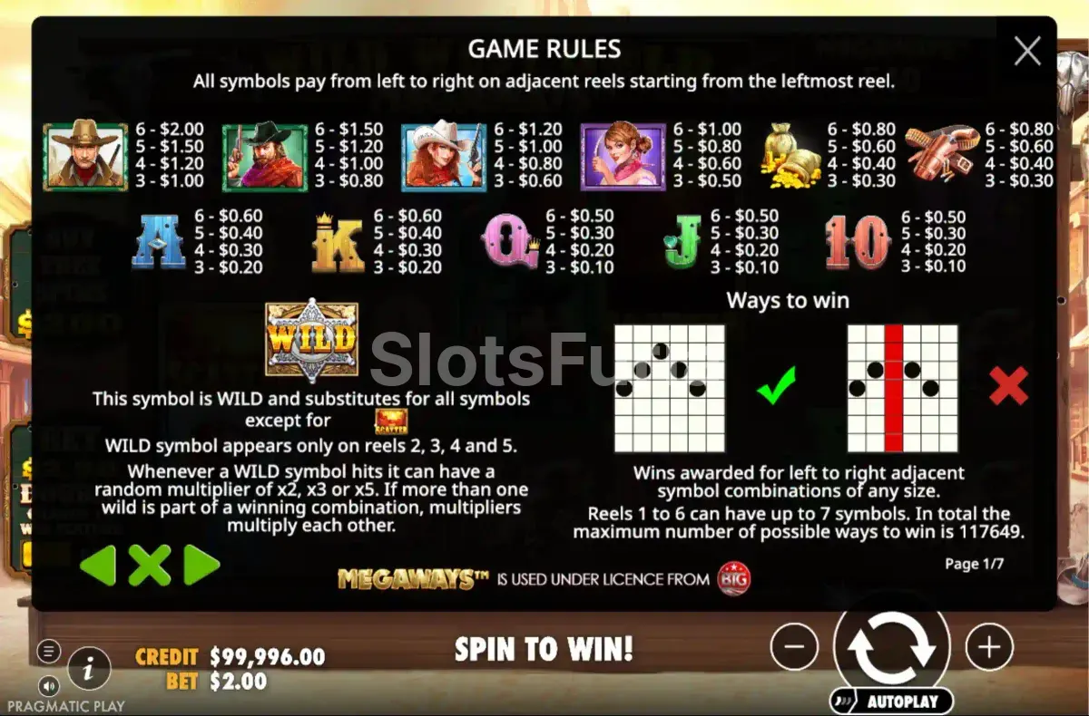Tabla de pagos y símbolos de Wild West Gold Megaways