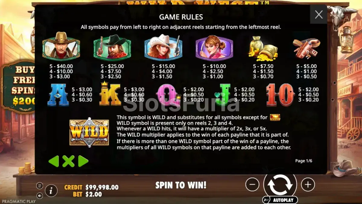 Tabla de pagos de Wild West Gold con los símbolos del Oeste