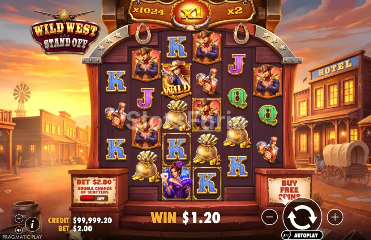 Juego base de Wild West Standoff con la grilla de 6 rodillos y 3 líneas