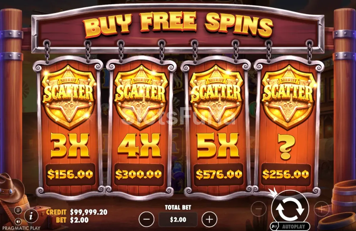 Pantalla de compra de bono de Wild West Standoff con el precio en múltiplos de la apuesta