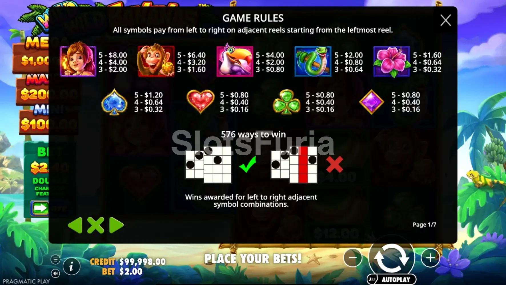 Tabla de pagos completa de Wild Wild Bananas con todos los símbolos