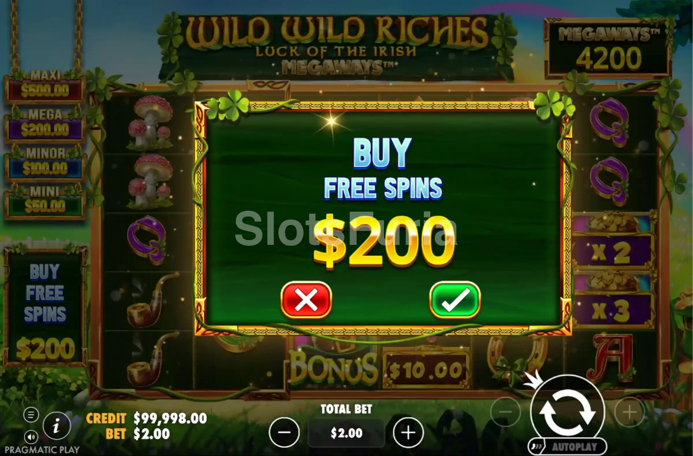Pantalla de compra de bono de Wild Wild Riches Megaways