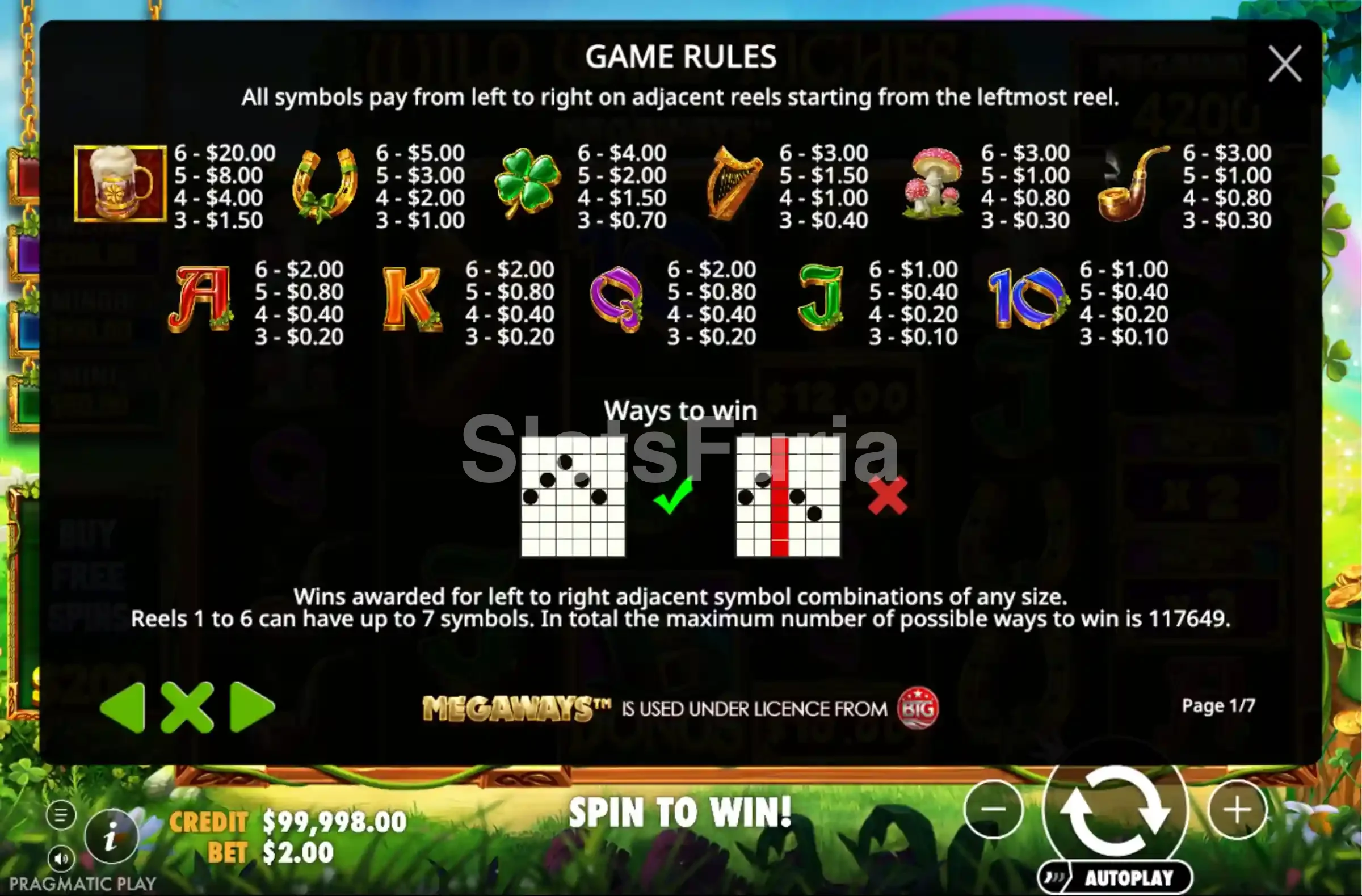 Tabla de pagos de Wild Wild Riches Megaways con los símbolos irlandeses
