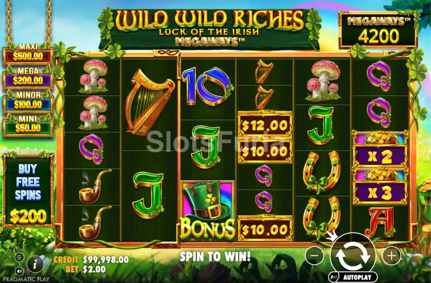Juego base de Wild Wild Riches Megaways con la grilla de 6 rodillos