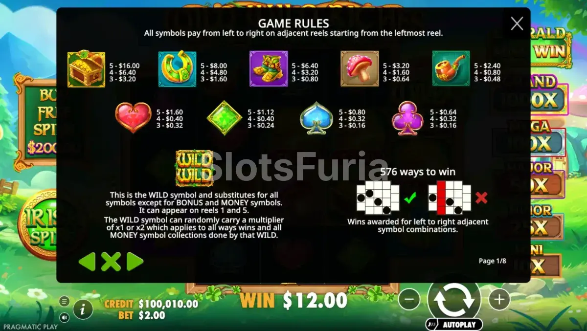 Tabla de pagos de Wild Wild Riches Returns con todos los símbolos y premios