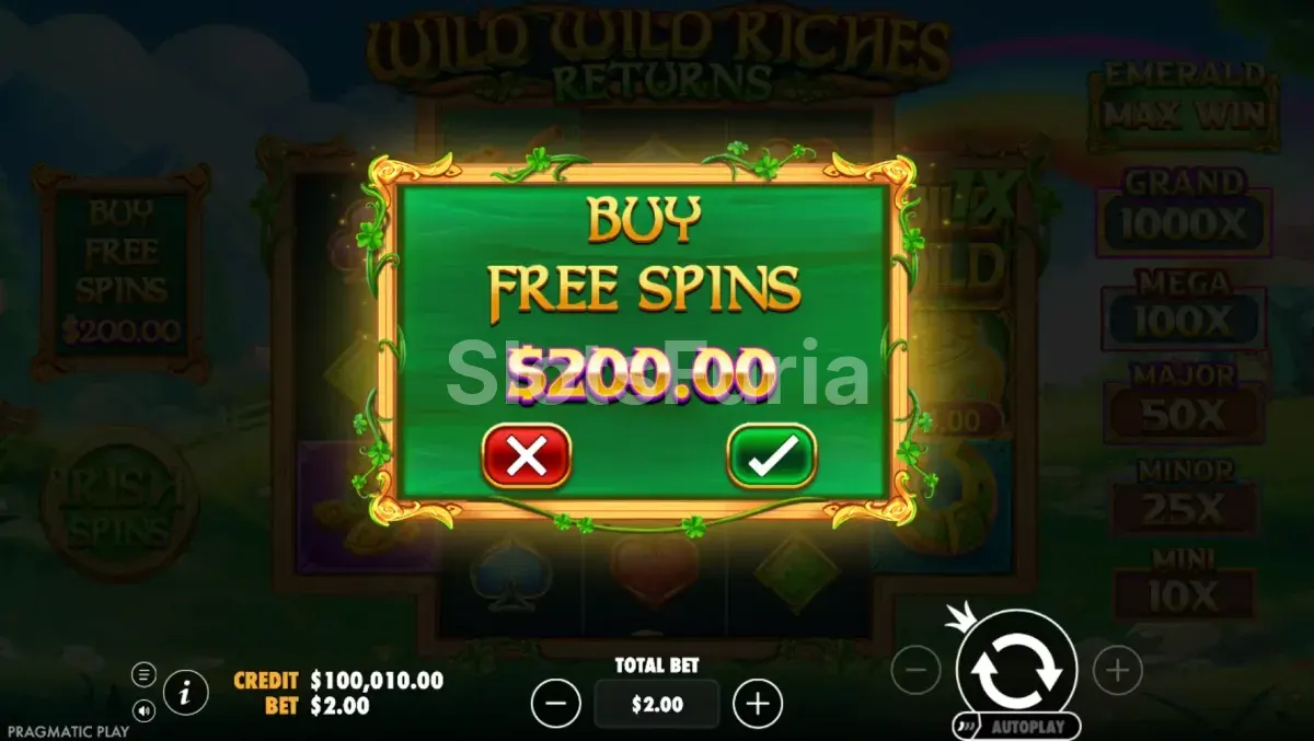 Pantalla de compra de bonos en Wild Wild Riches Returns con opciones disponibles