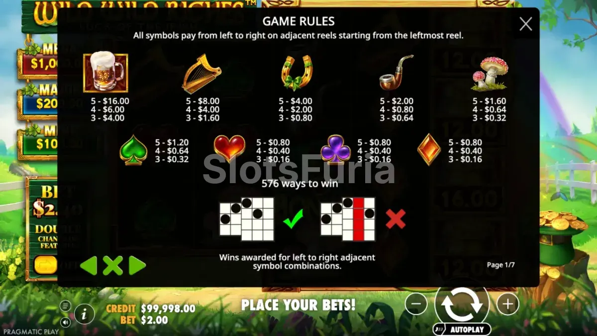 Tabla de pagos detallada de Wild Wild Riches con multiplicadores