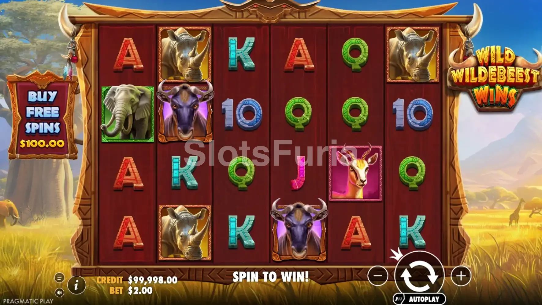 Pantalla principal del juego Wild Wildebeest Wins con la sabana al fondo