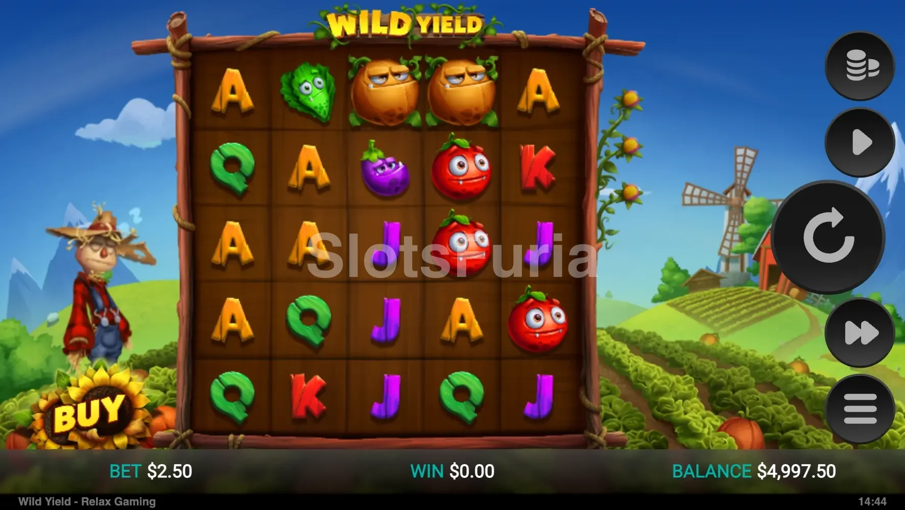 Pantalla principal del juego Wild Yield con el campo agrícola de fondo