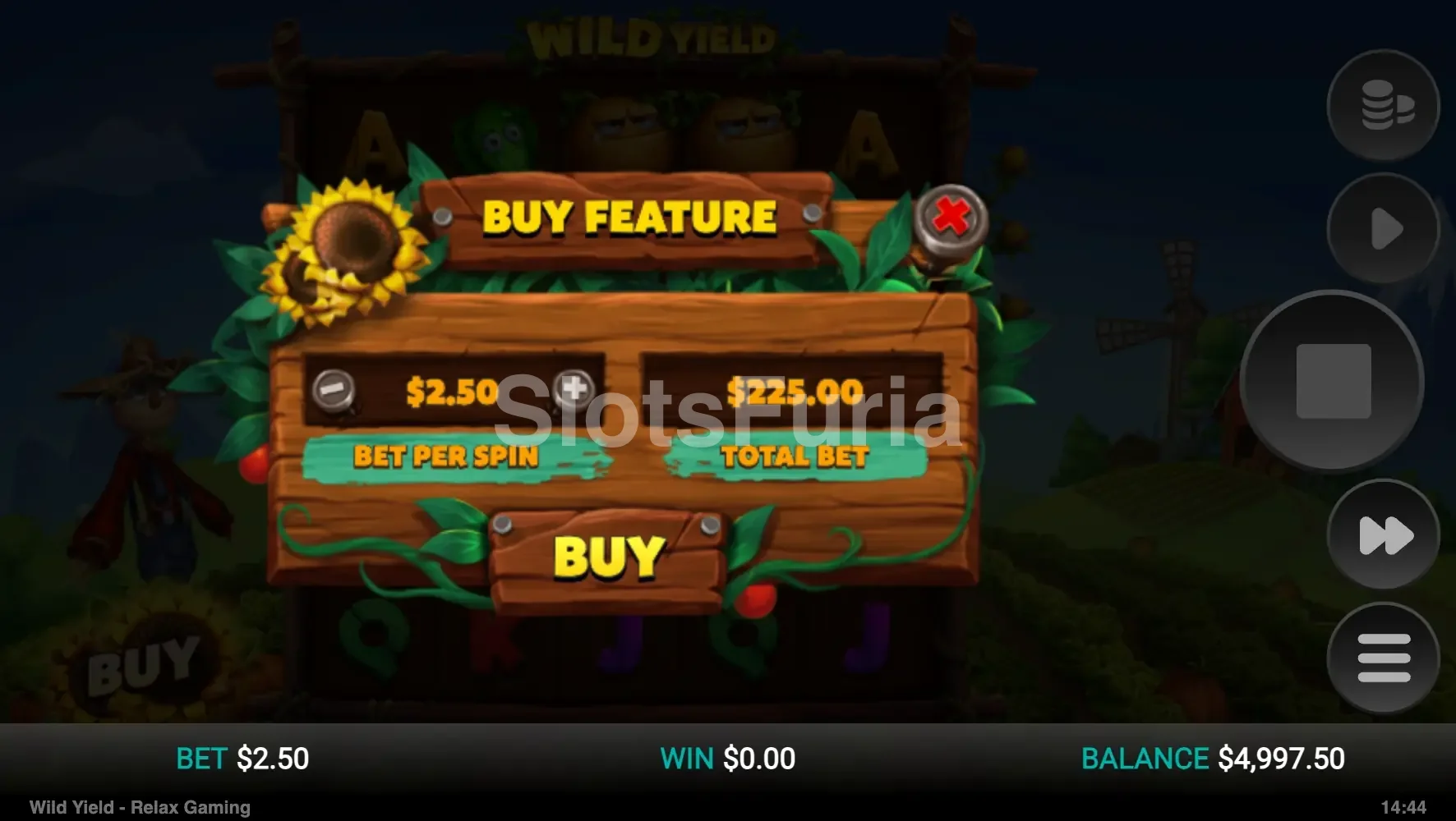 Función de compra de bono en Wild Yield con opciones de apuesta