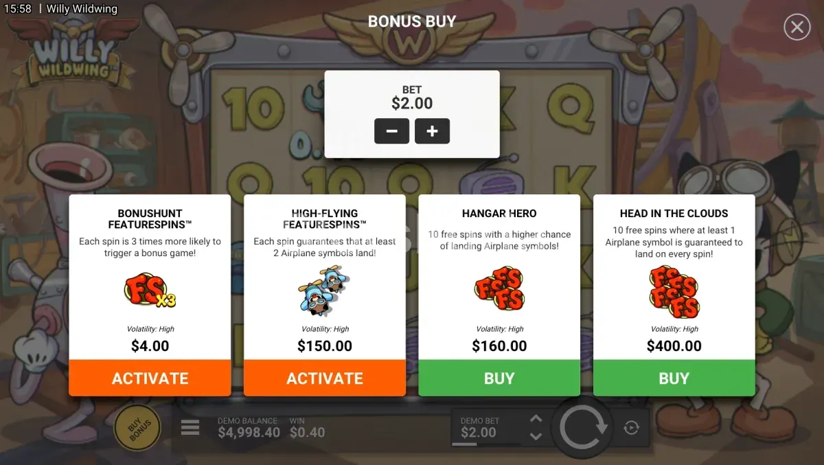 Menú de compra de bonos de Willy Wildwing con sus opciones