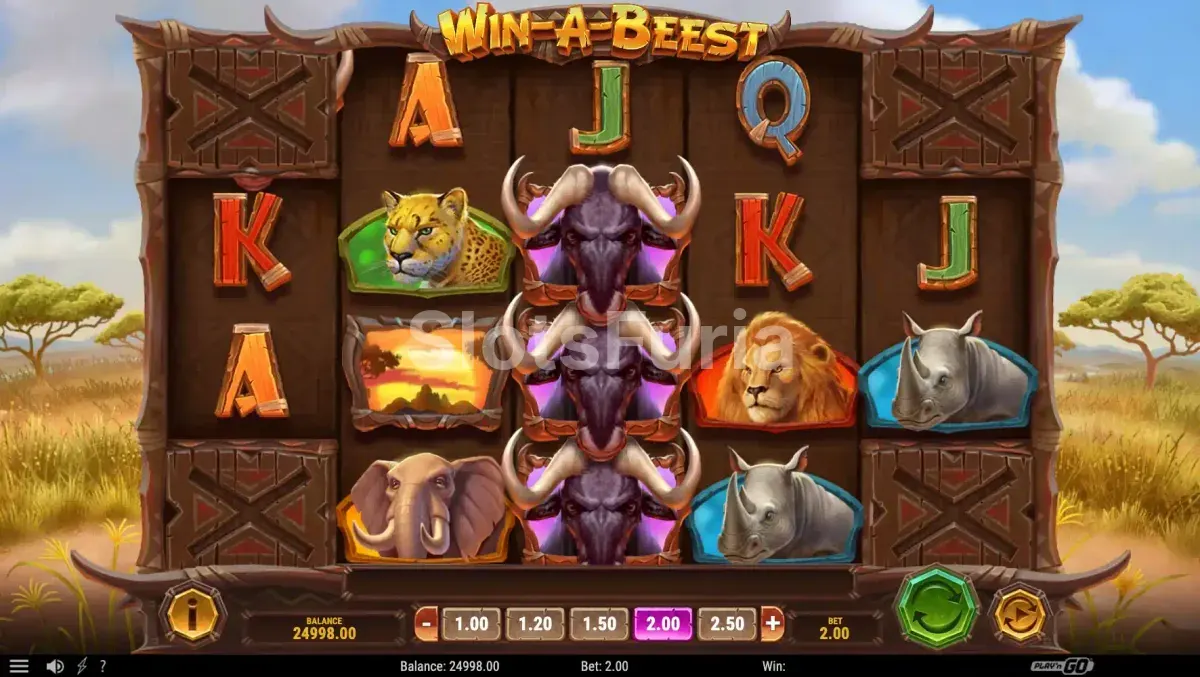 Vista del juego base de Win a Beest con la sabana africana de fondo
