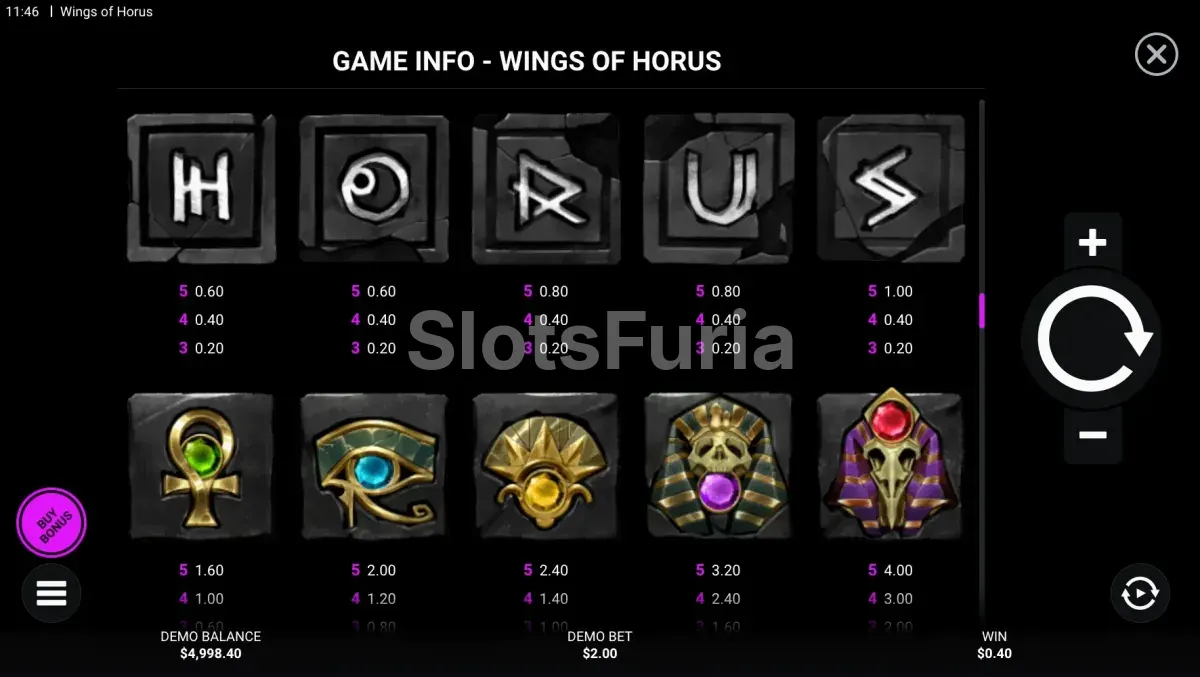 Tabla de pagos de Wings of Horus con símbolos egipcios