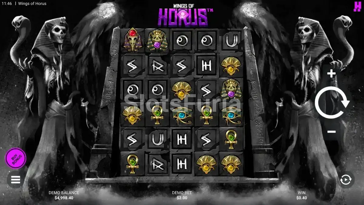 Pantalla principal de Wings of Horus con cuadrícula de 5x6