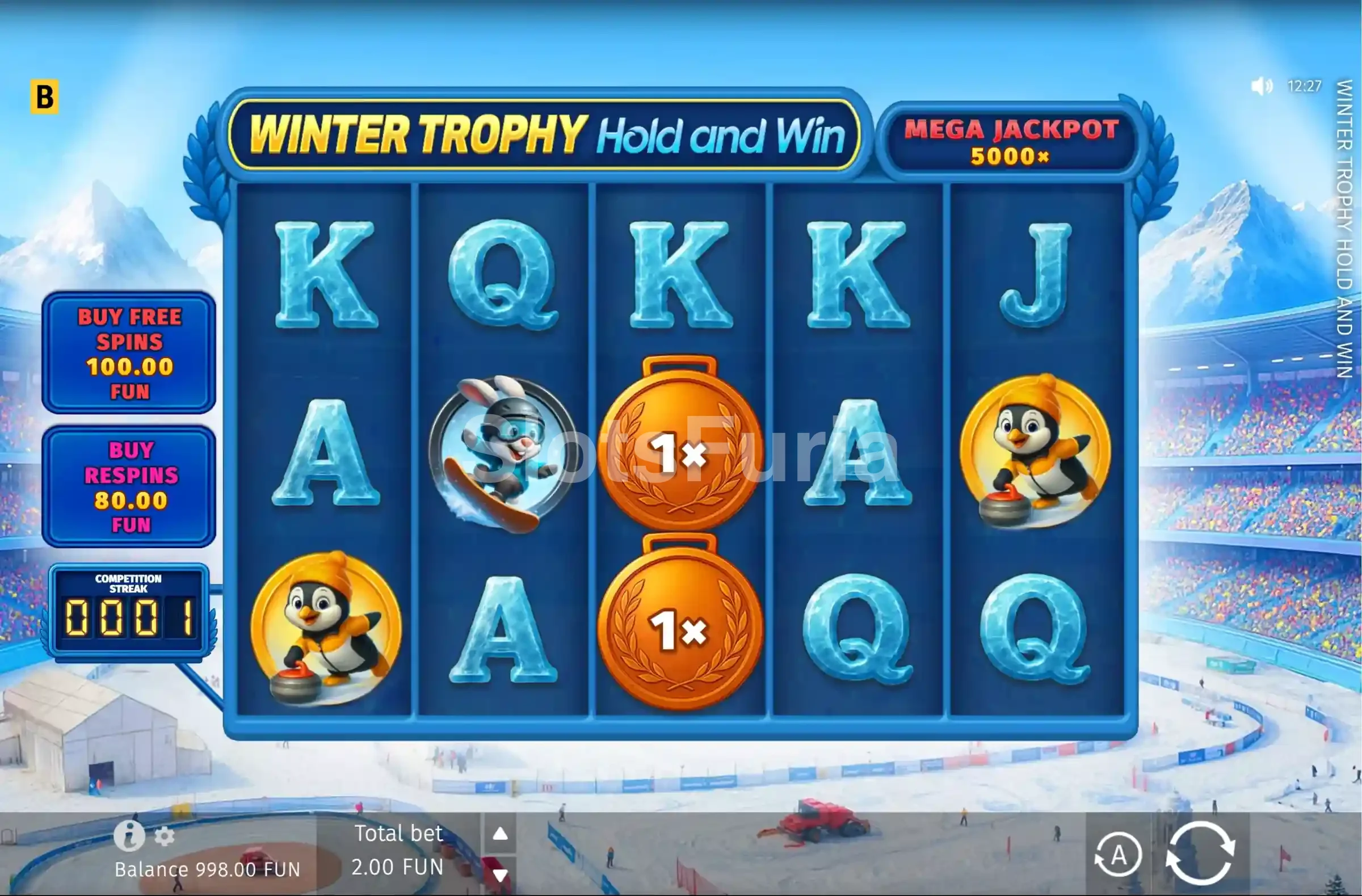 Pantalla principal de Winter Trophy Hold and Win con temática deportiva invernal