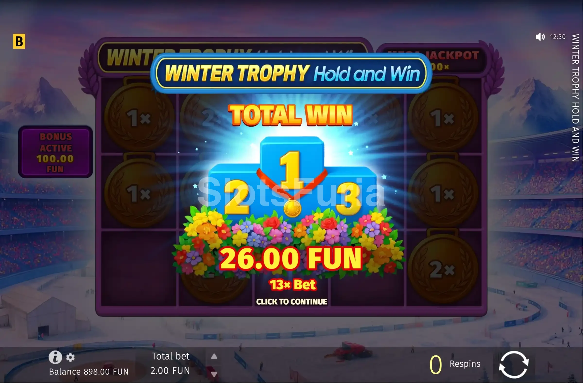 Pantalla de gran victoria en Winter Trophy Hold and Win con multiplicador máximo