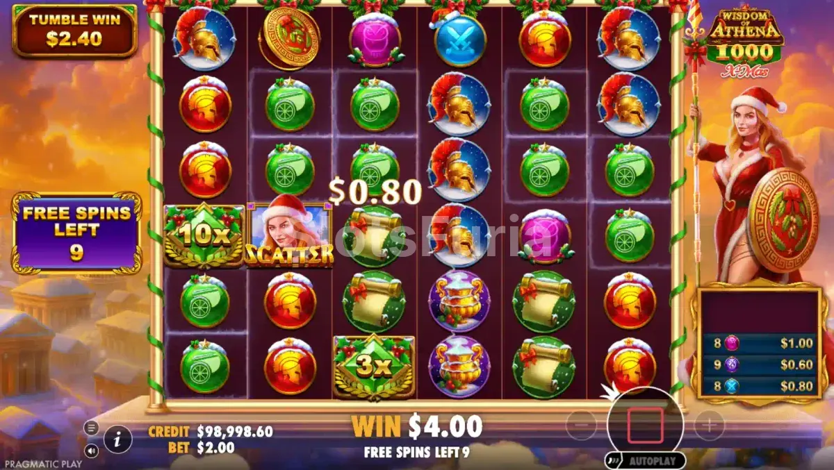 Ronda de giros gratuitos en Wisdom of Athena 1000 Xmas con multiplicador activo