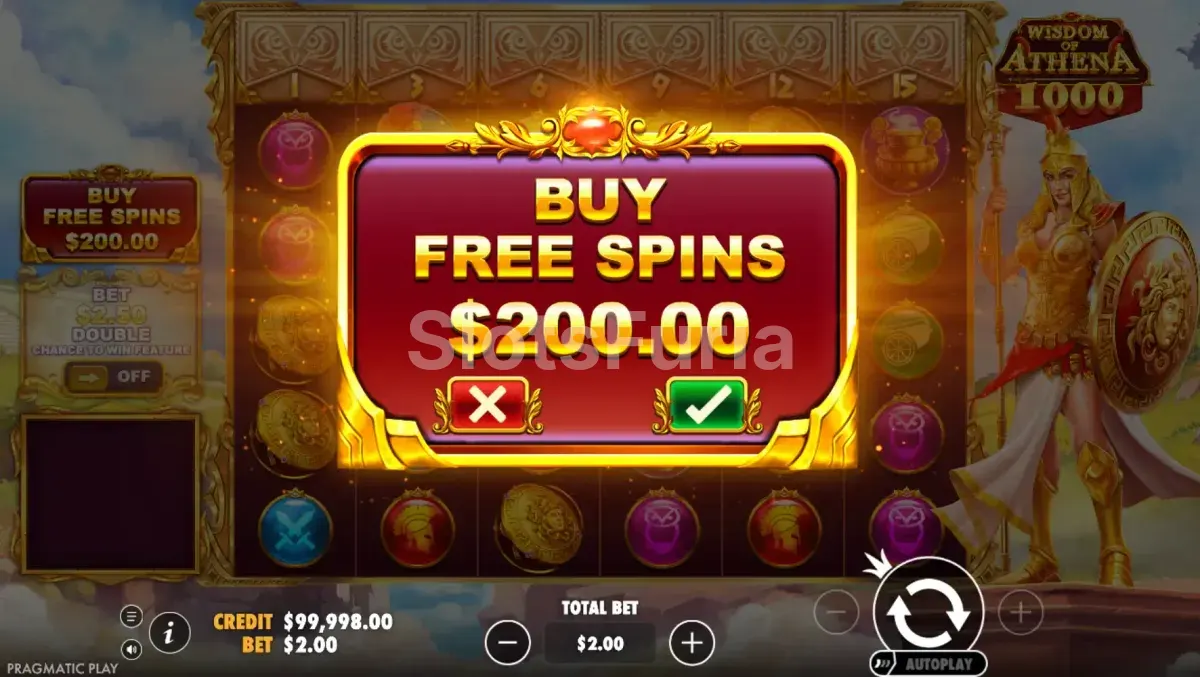 Pantalla de compra de bonus en Wisdom of Athena 1000