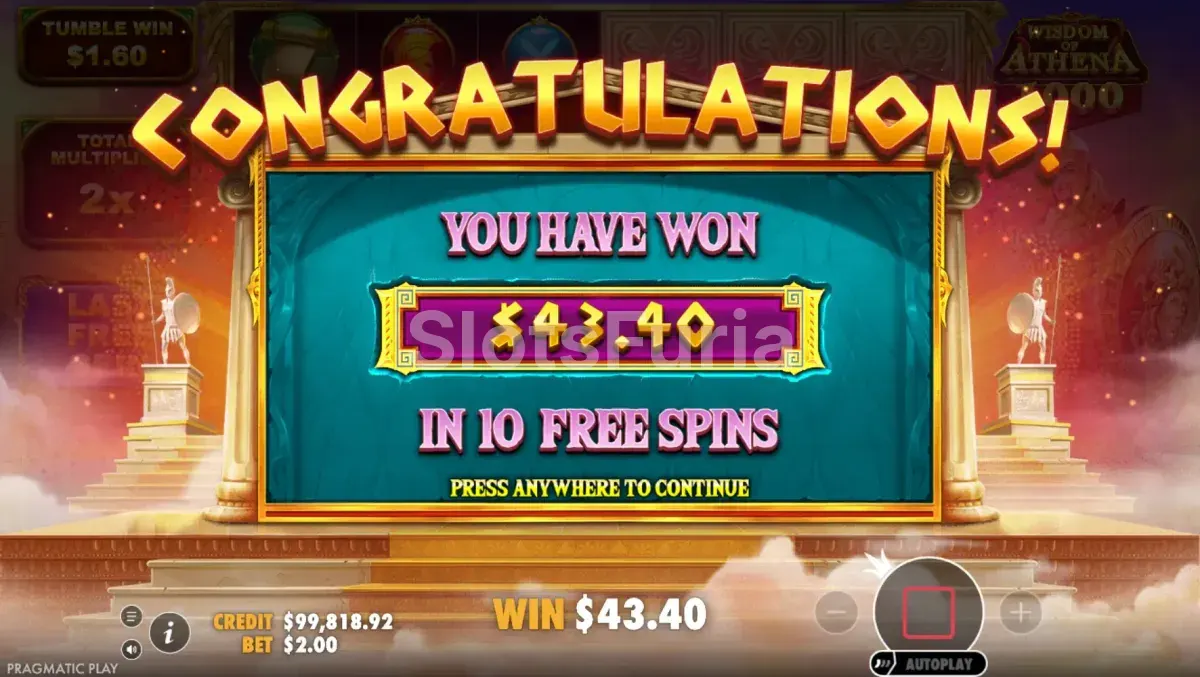 Gran victoria en Wisdom of Athena 1000 con multiplicadores al máximo
