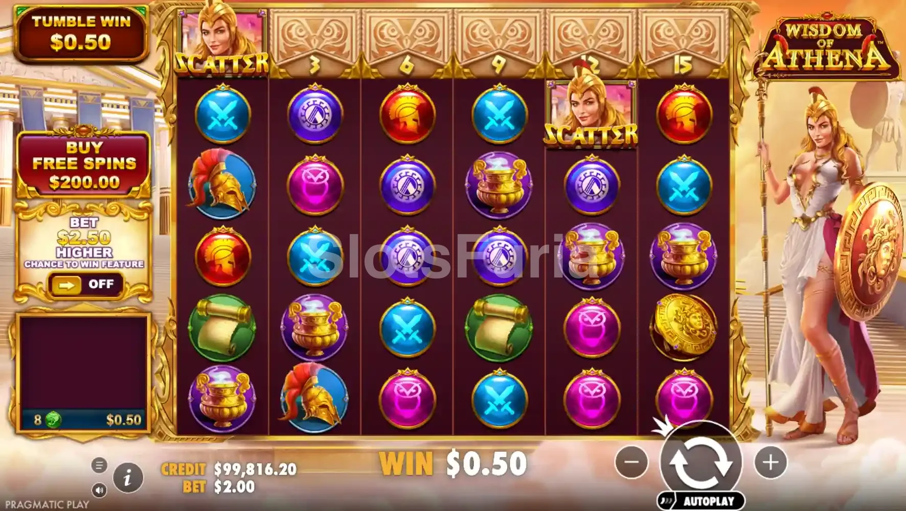 Juego base de Wisdom of Athena con la cuadrícula 6x5 activa