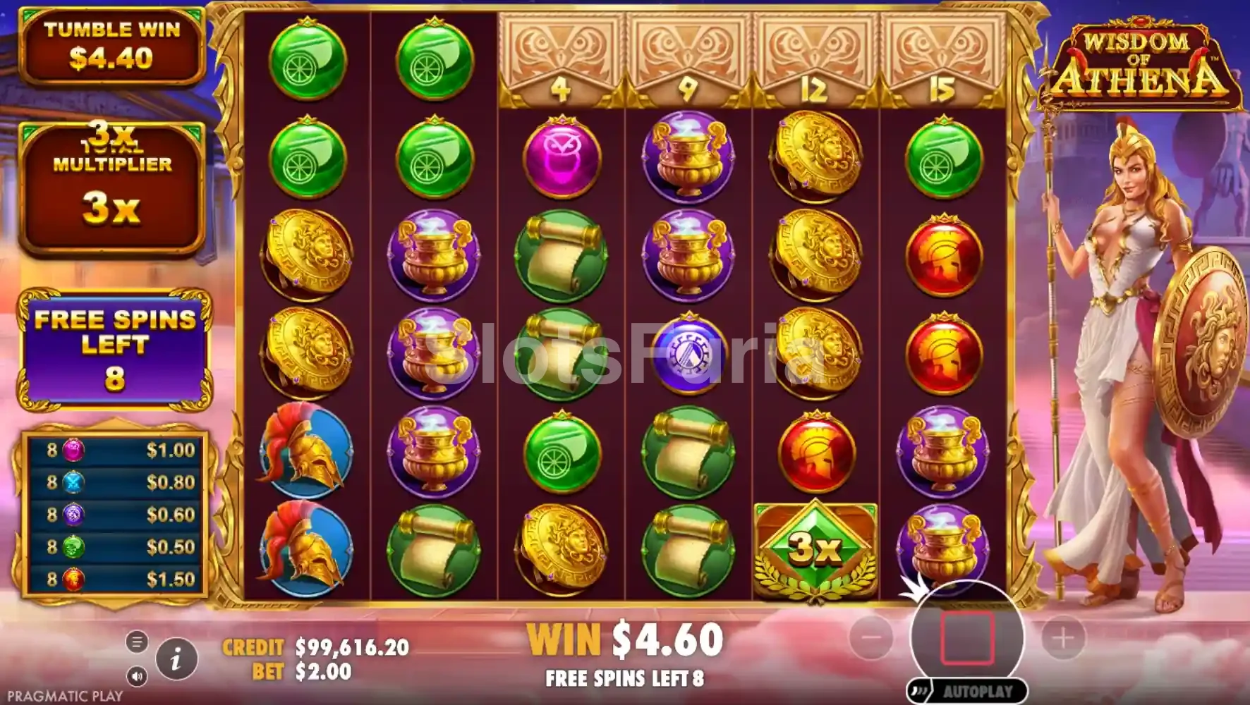 Ronda de giros gratis de Wisdom of Athena con multiplicador acumulado