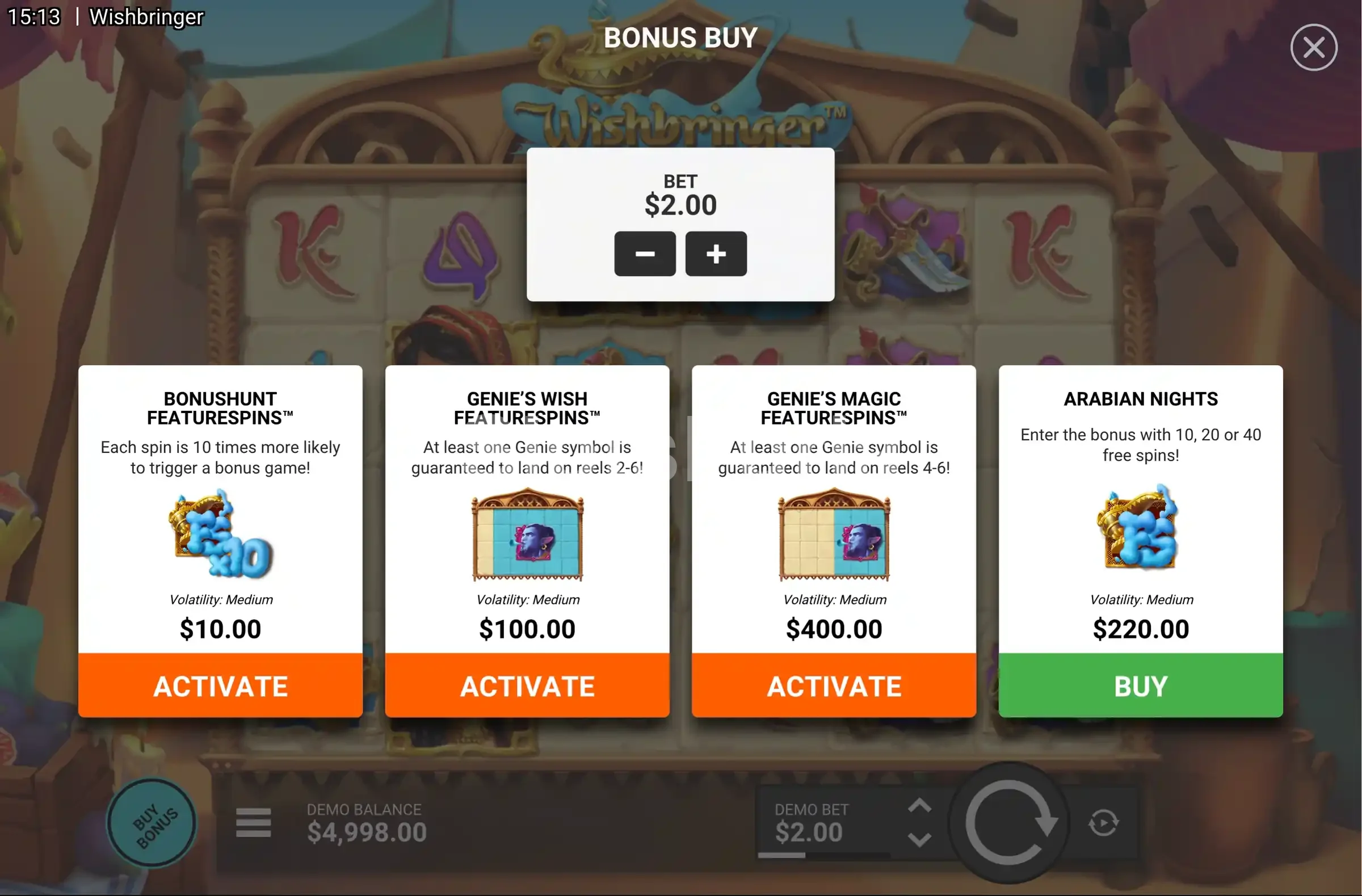 Pantalla de compra de bonos en Wishbringer de Hacksaw Gaming