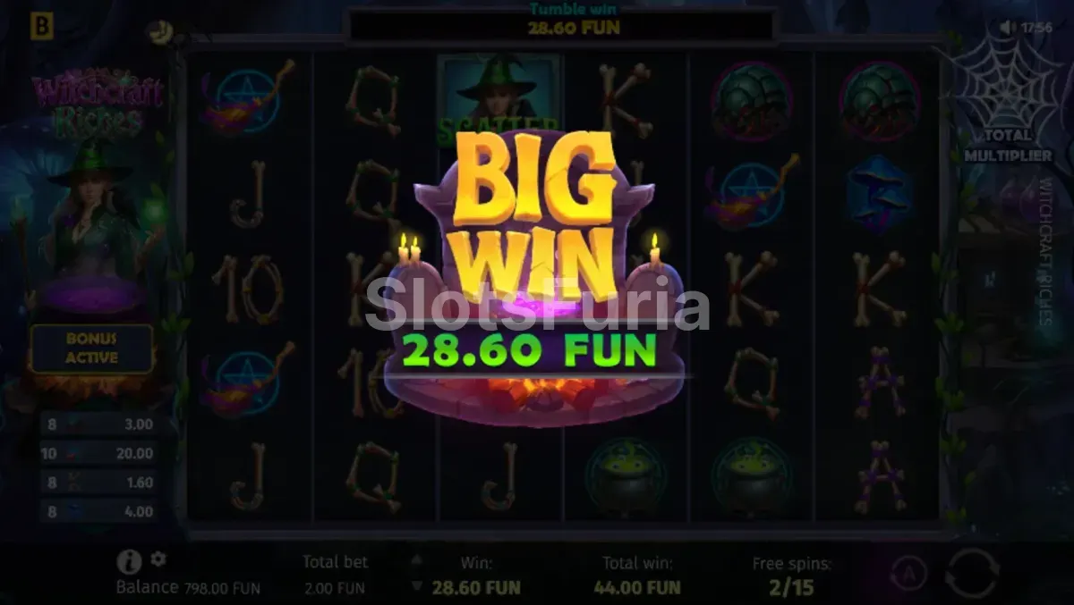 Secuencia de ganancia grande en Witchcraft Riches con multiplicadores acumulados